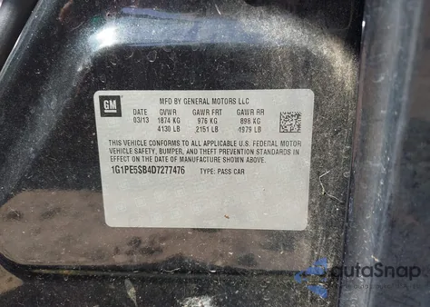 2013 Chevrolet Cruze 2Lt Auto из США, поврежденный, VIN 1G1PE5SB4D7277476